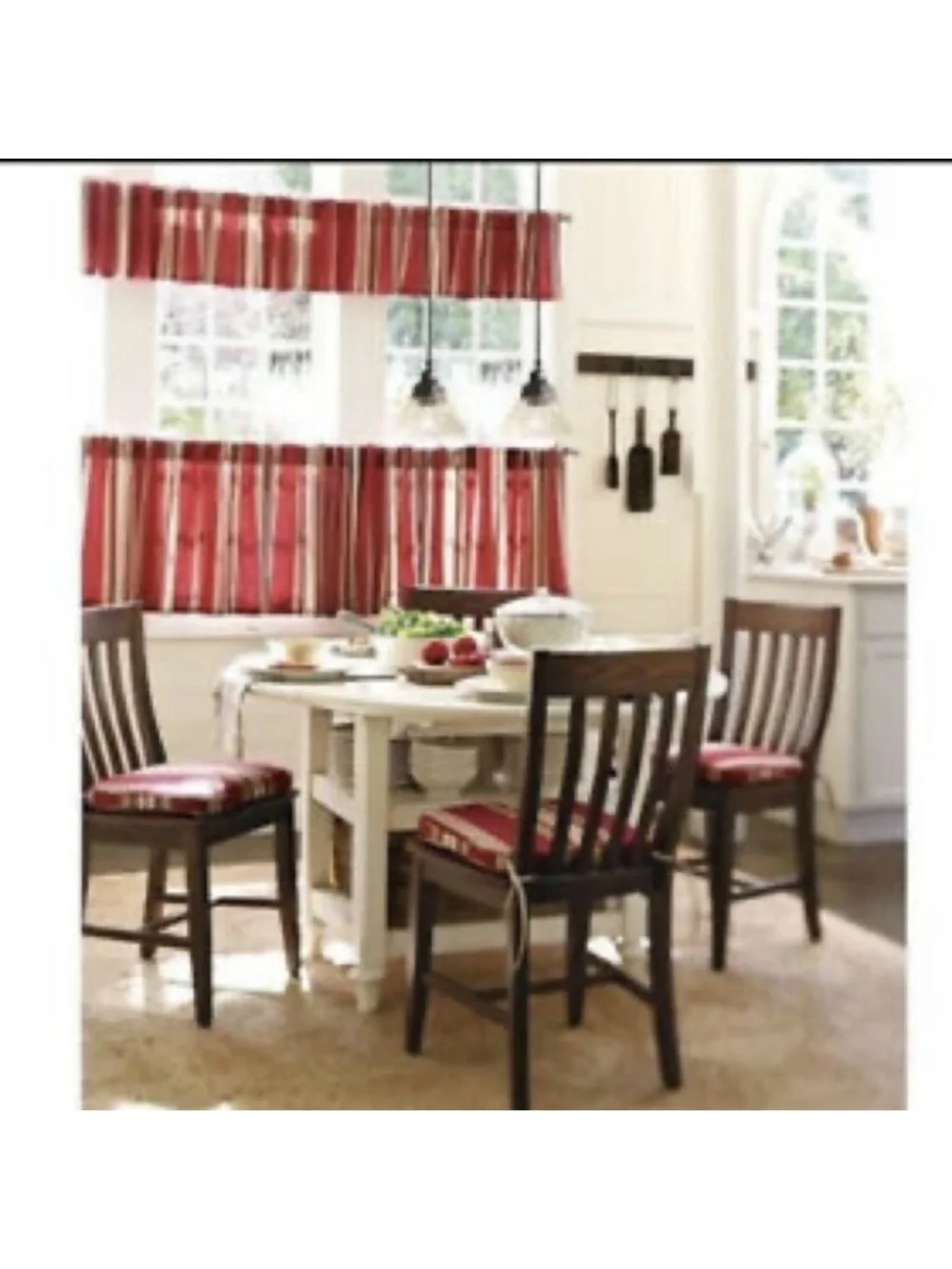 Pottery Barn Hudson Stripe Cafe 3 Curtains And 2 Valances Set Red Tan Cream